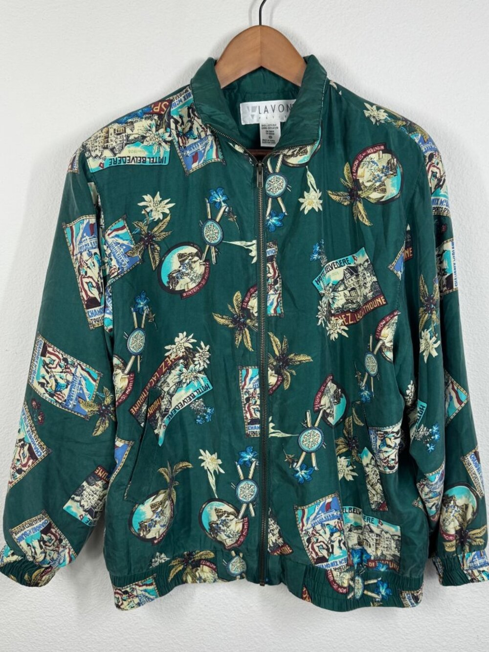 Lavon Womens Silk Bomber Jacket Green Size PM Oversized Postcard Motif